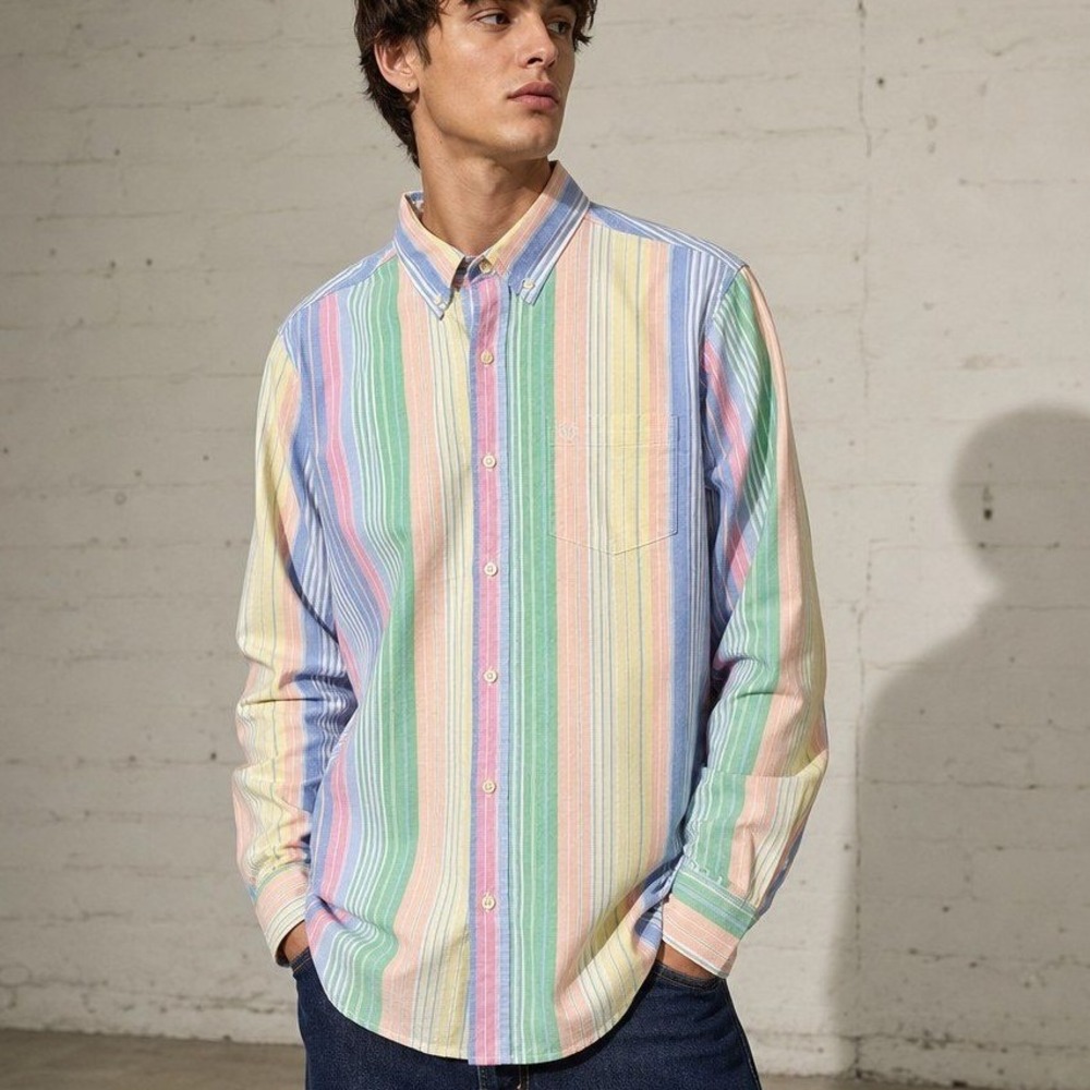 Chaps Mens Medium Multi Color Pastel Vertical Long Sleeve Button Down Shirt